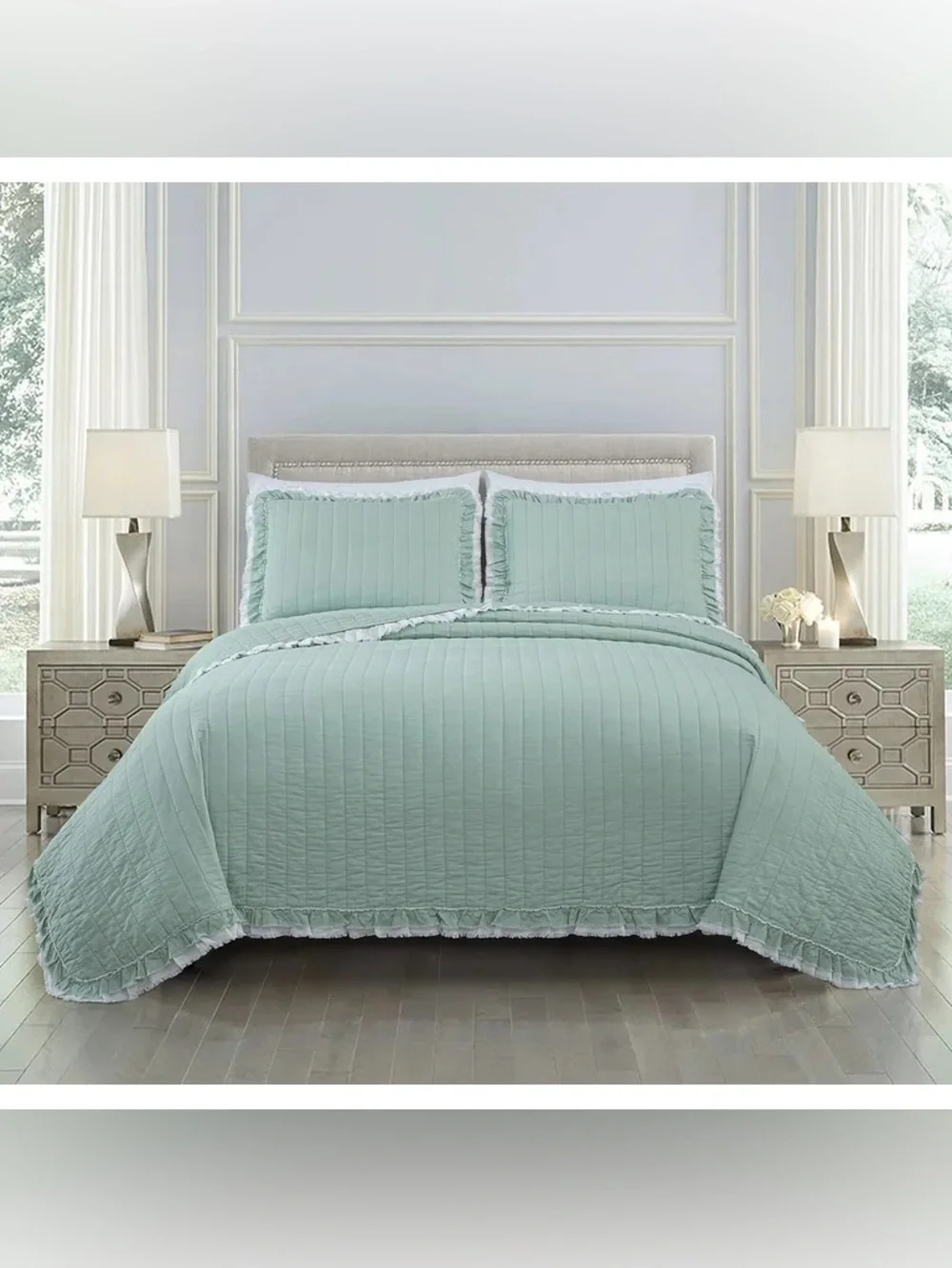 King 3 piece Quilted Bedspread Set with Ruffle Trim 100% cotton